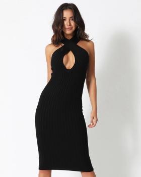 Strapless slim halter dress hollow black strap dress