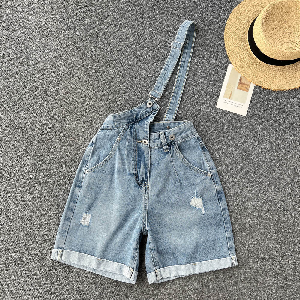 Straight crimping thin jeans holes summer bib pants for women