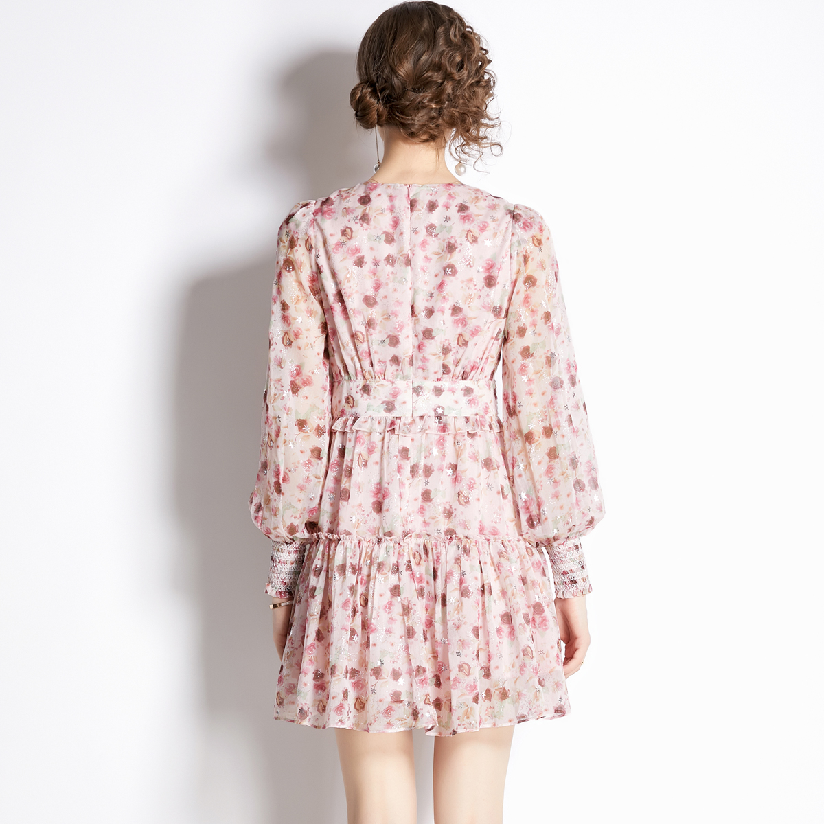Slim printing floral chiffon bronzing pinched waist dress