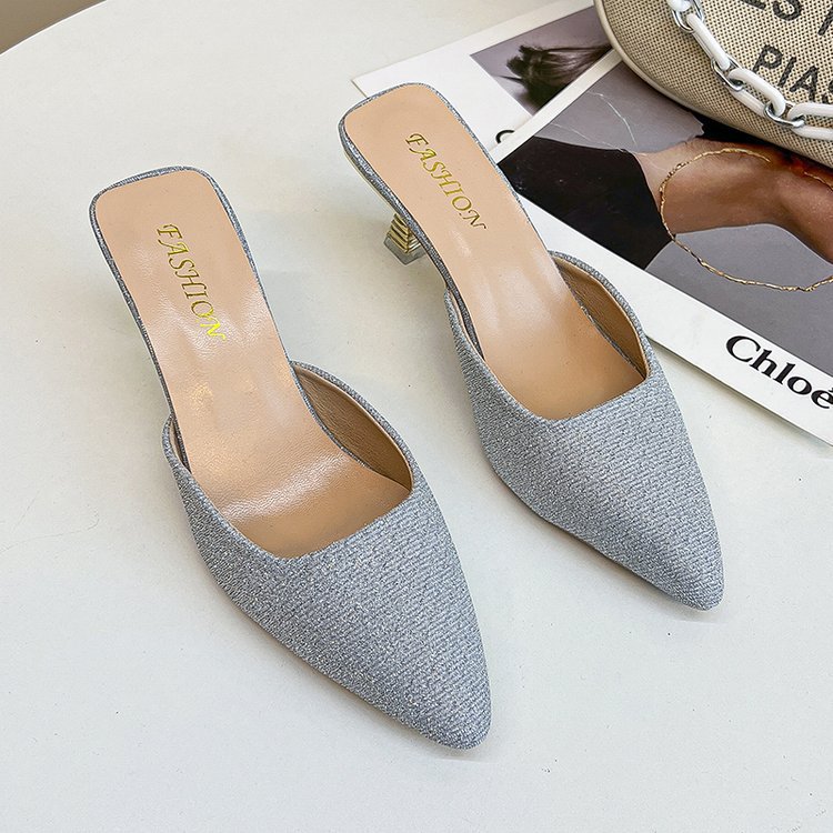 Fine-root pointed Korean style summer middle-heel slippers