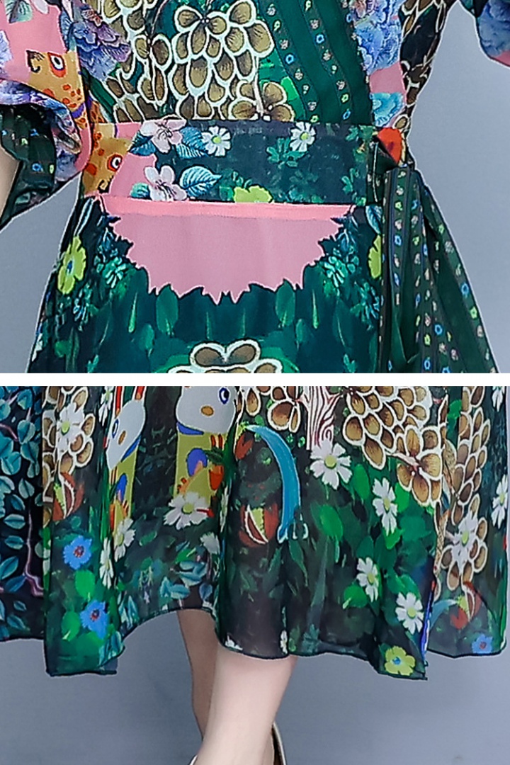 Chiffon printing pinched waist cuff V-neck dress for women