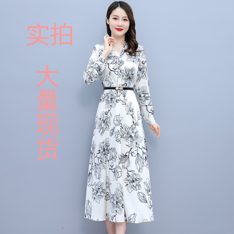 Satin fashion dress printing long dress for women