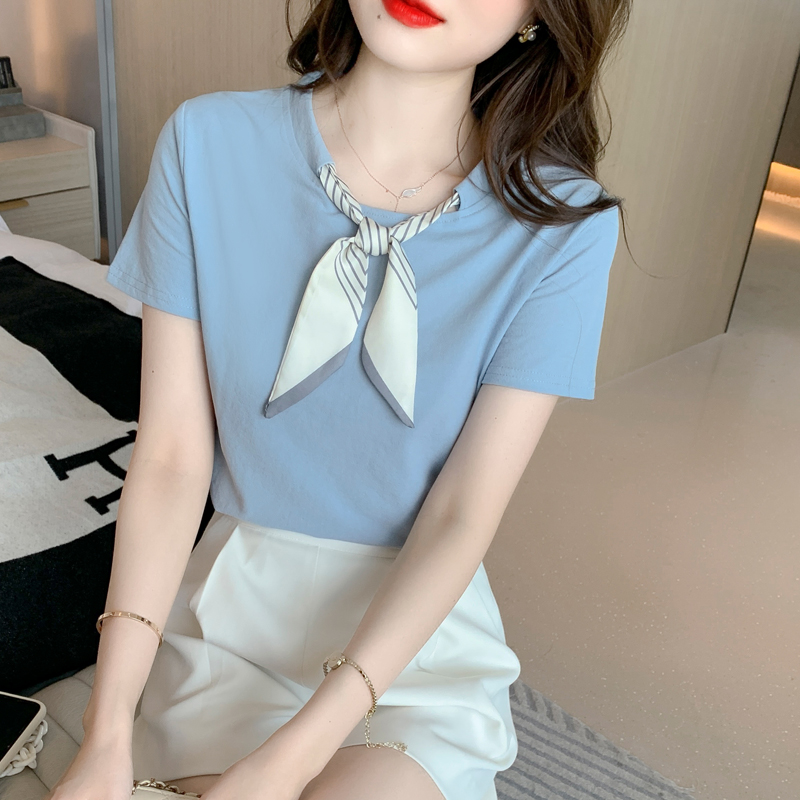 Loose pure cotton short sleeve T-shirt summer bow tops