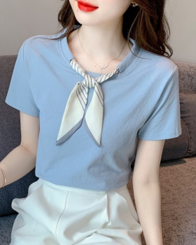 Loose pure cotton short sleeve T-shirt summer bow tops