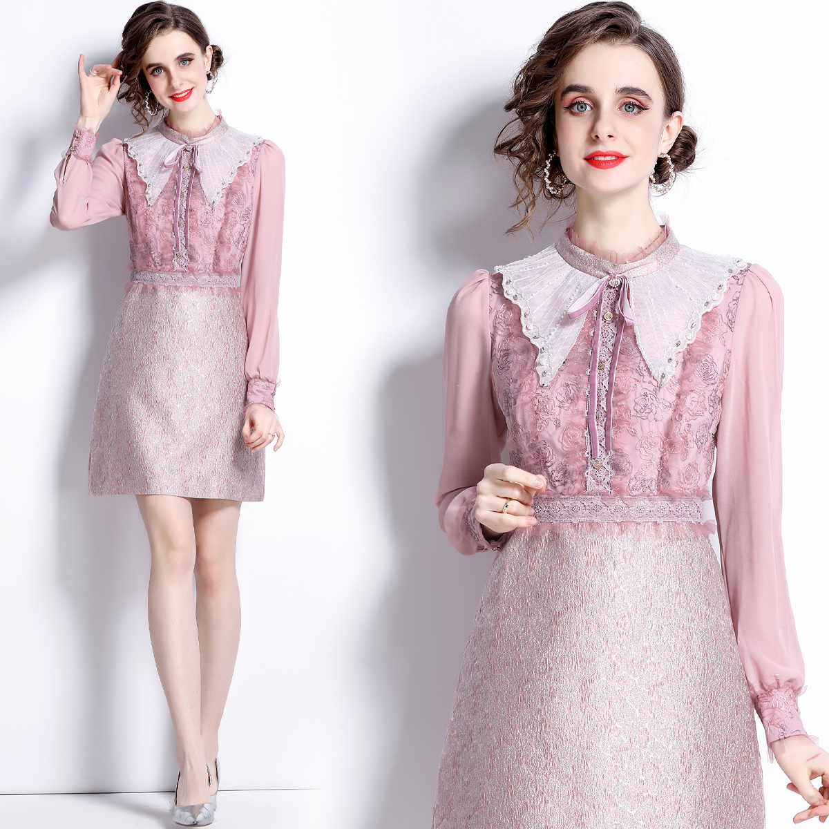 Doll collar long sleeve short skirt embroidered relief dress