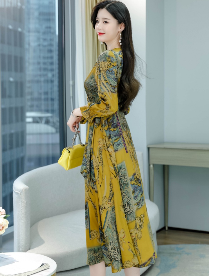 Autumn printing satin pinched waist dress for women