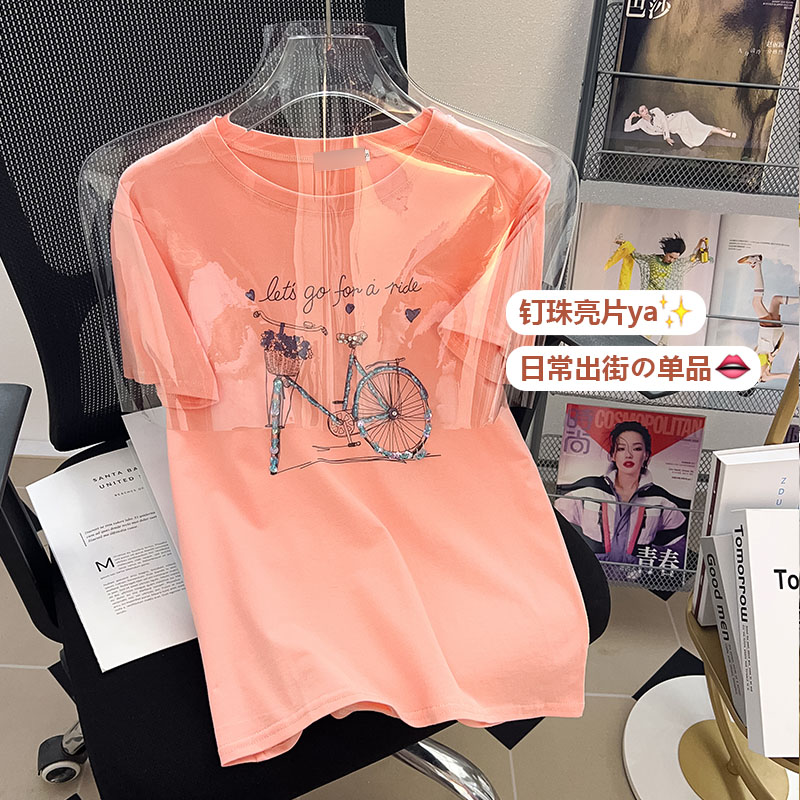 Beading Korean style T-shirt thin loose tops for women