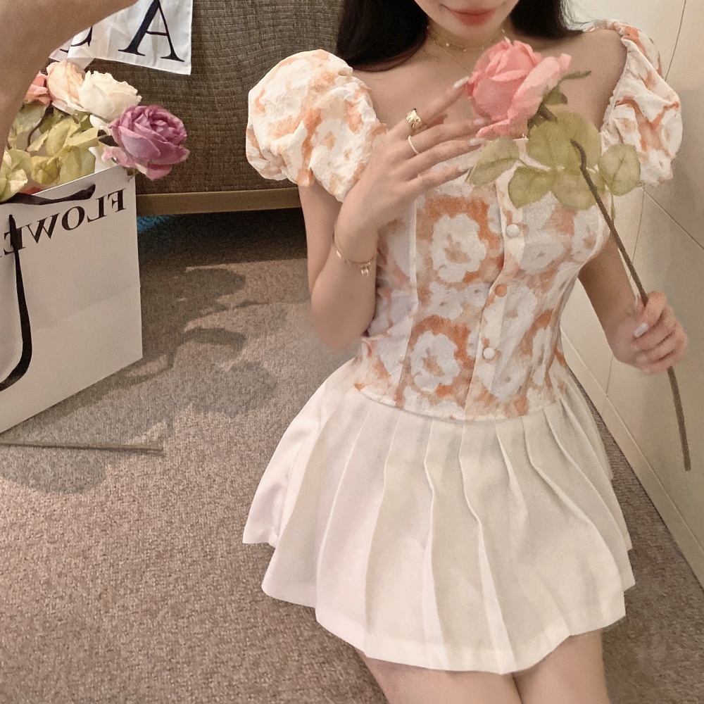 Summer sweet floral tops slim short shirt for women