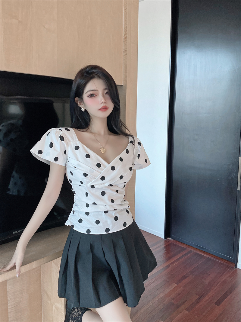 Slim polka dot tops sleeveless small shirt for women