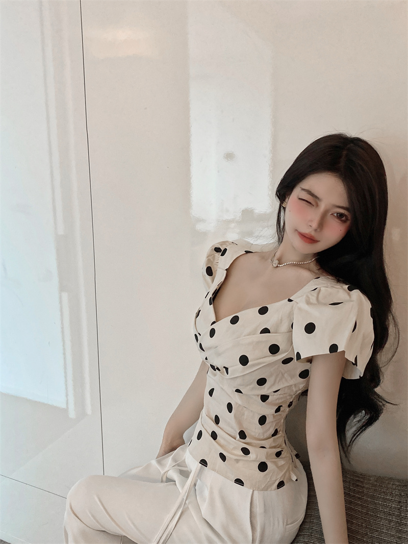 Slim polka dot tops sleeveless small shirt for women
