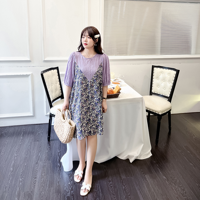 Korean style puff sleeve splice Cover belly loose fat dress