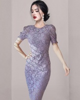 Elegant lady summer long dress puff sleeve lace purple dress