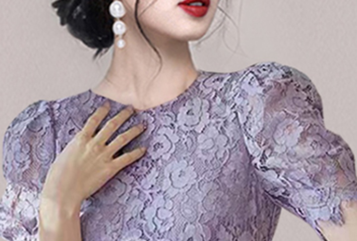 Elegant lady summer long dress puff sleeve lace purple dress
