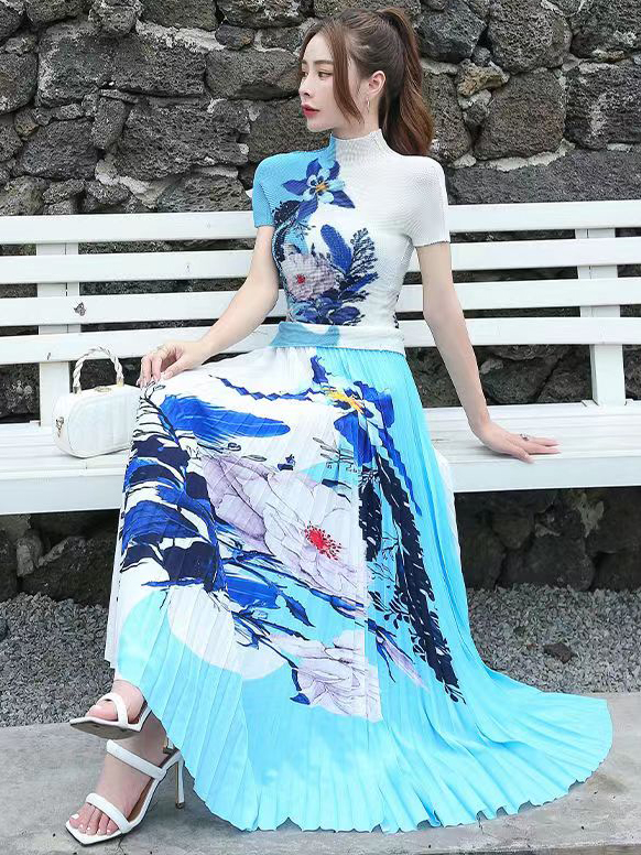 Quality color flower lined skirt 2pcs set
