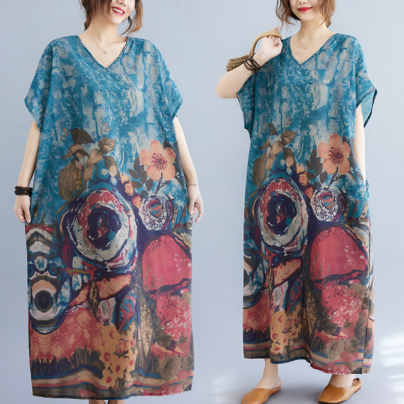 Retro V-neck colors robe cotton linen art long dress
