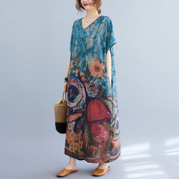 Retro V-neck colors robe cotton linen art long dress