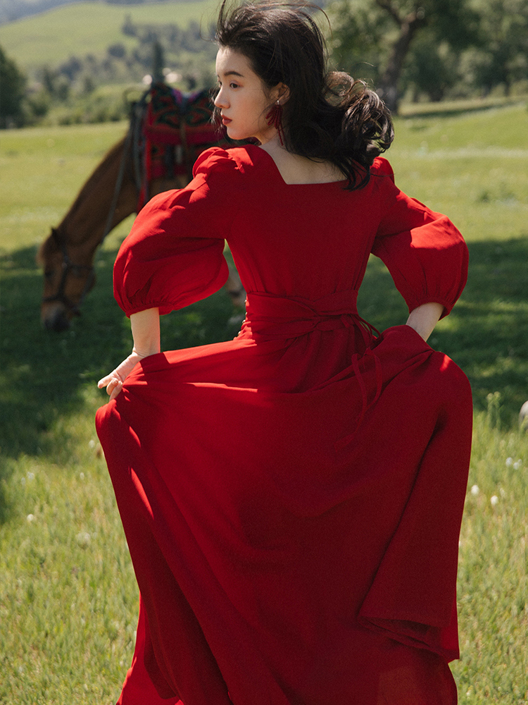 Beautiful big skirt spring red long dress