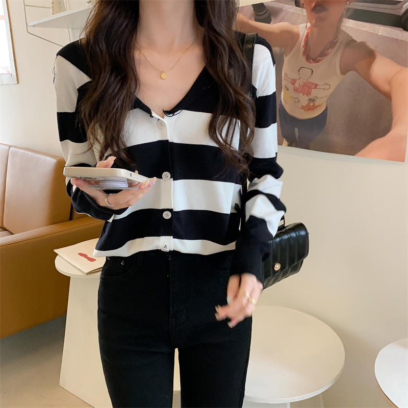 Stripe V-neck tops Korean style knitted sweater