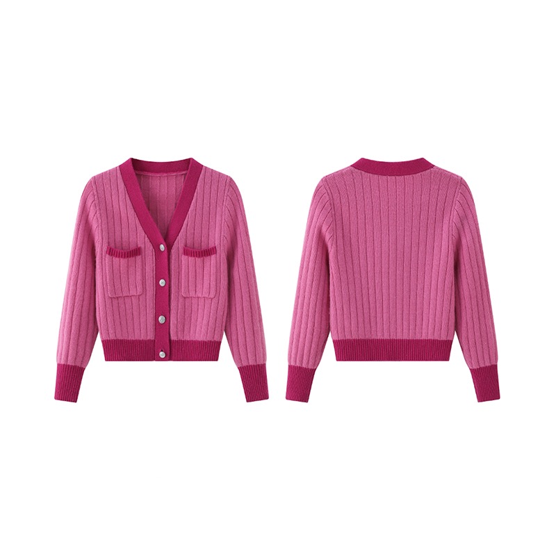 Pink wool knitted cardigan V-neck autumn and winter coat