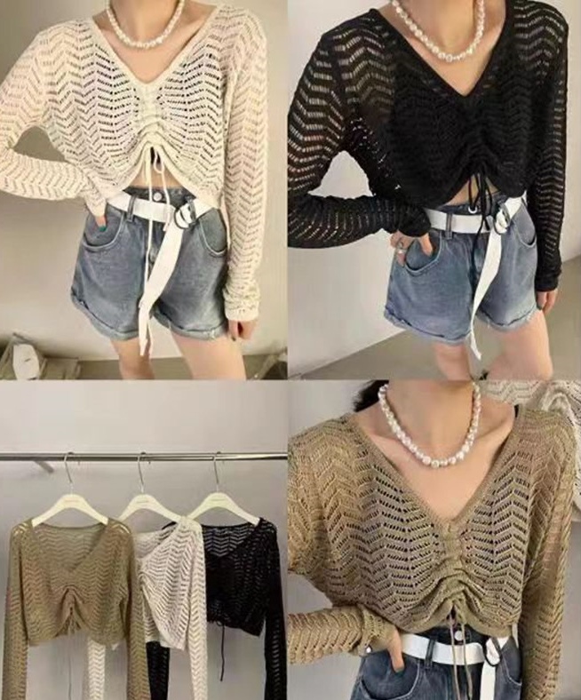 V-neck hollow loose sweater sunscreen navel tops for women