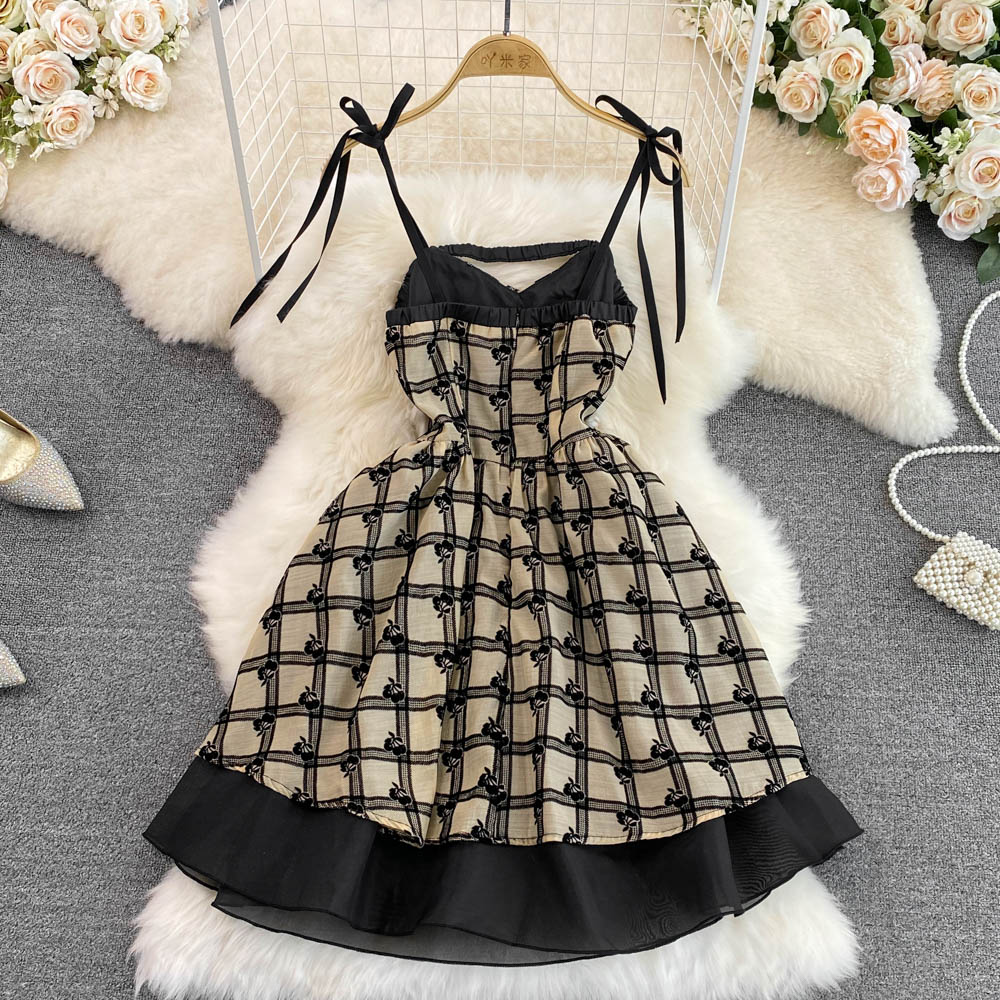 Pinched waist dress retro strap dress for women