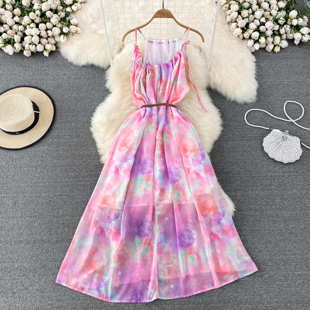 Printing sleeveless dress retro halter strap dress