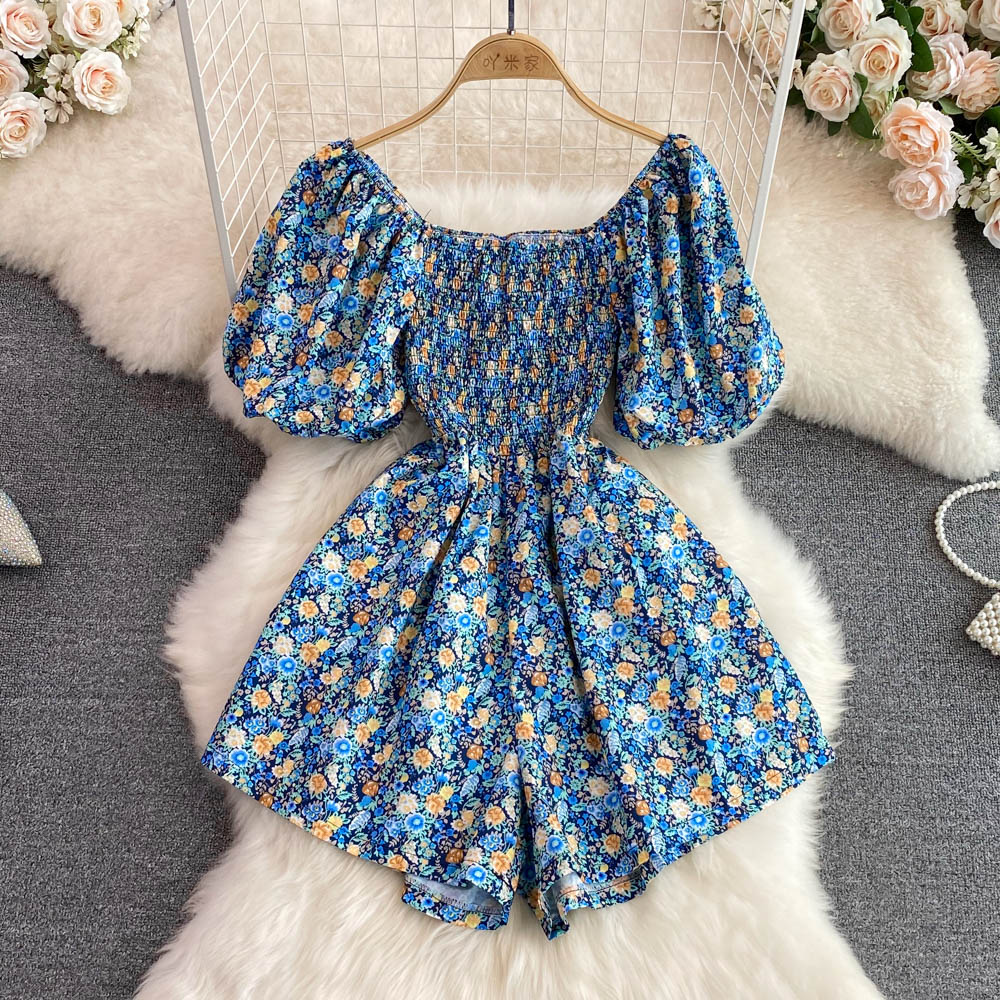 Summer square collar floral straight refreshing jumpsuit