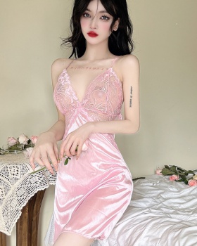V-neck thin sling night dress pink lace dress for women
