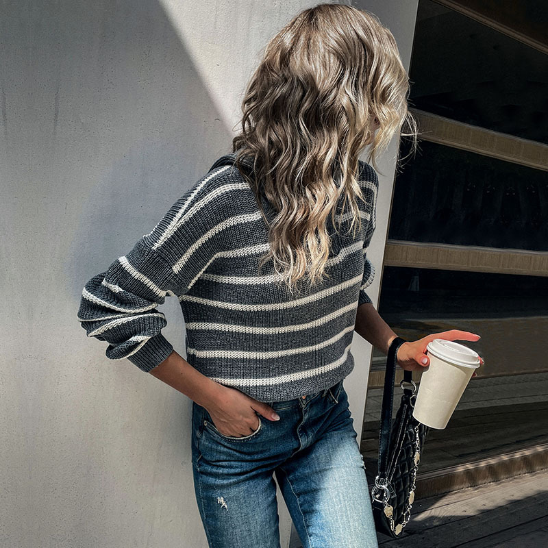 Stripe fashion long sleeve lapel sweater for women