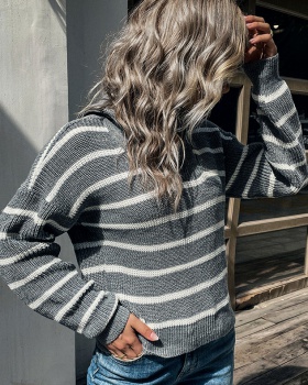 Stripe fashion long sleeve lapel sweater for women