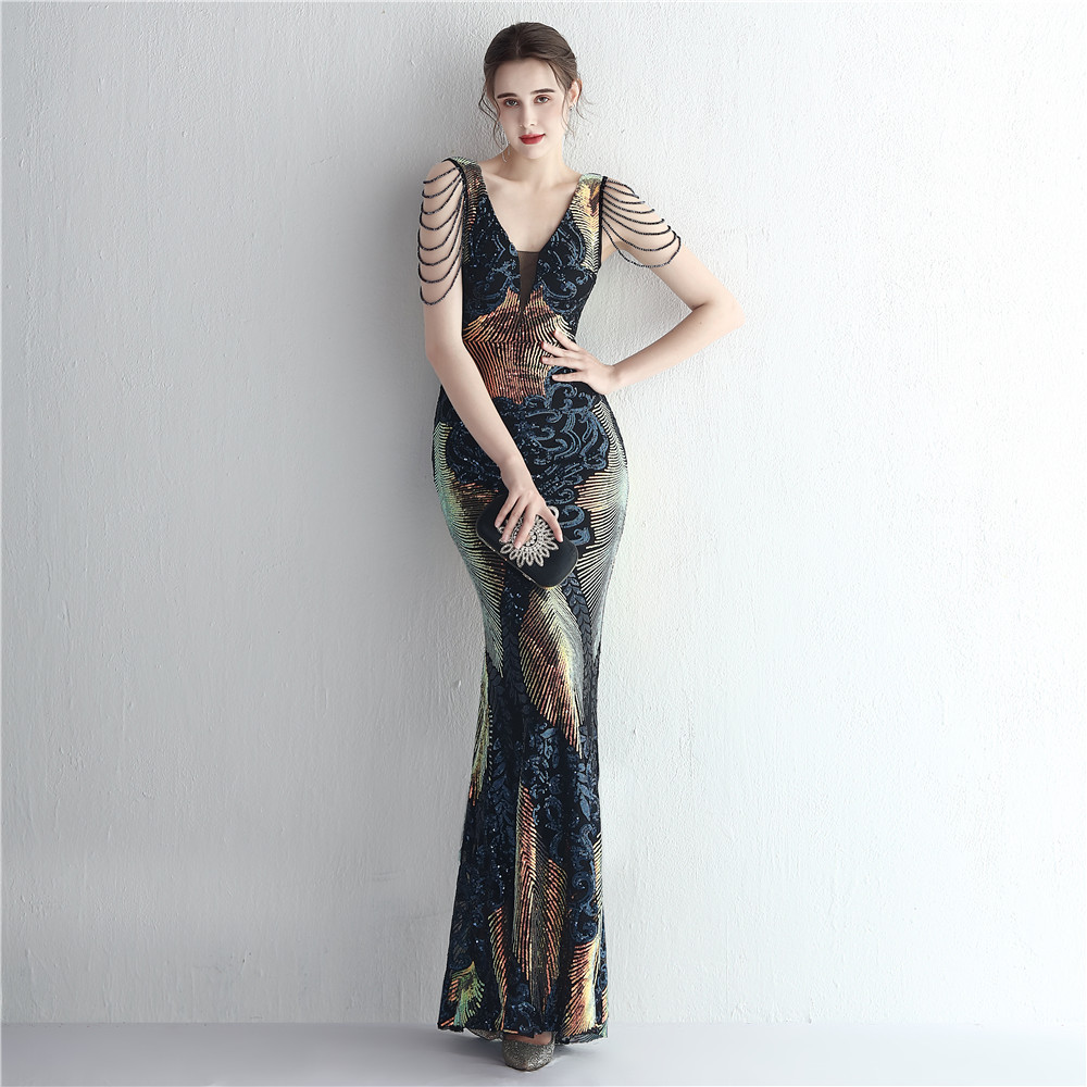 Short sleeve ladies queen sequins mermaid colors long dress