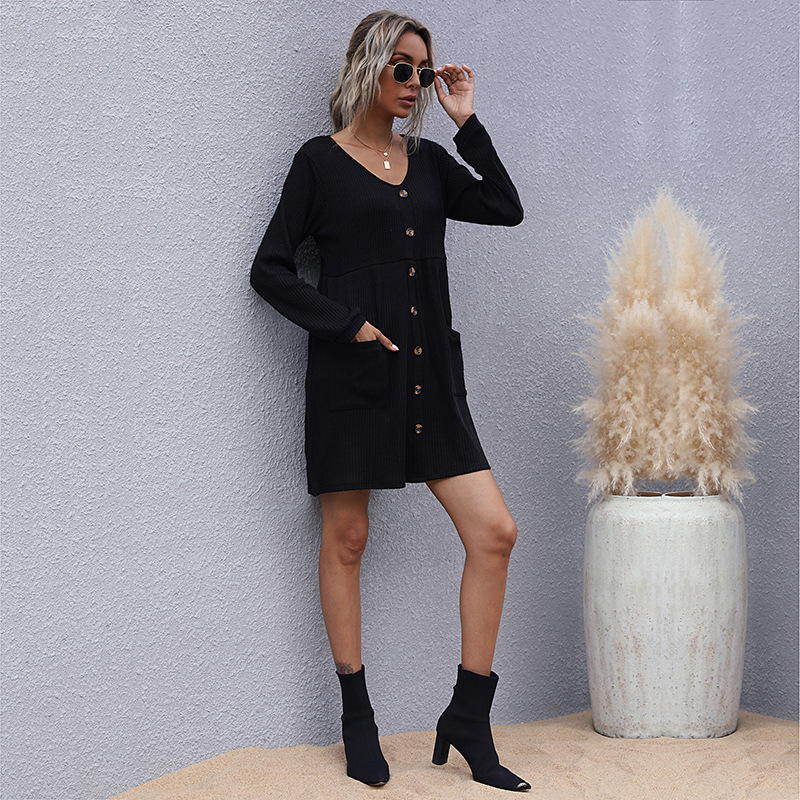 Black sweater dress autumn and winter T-back for women