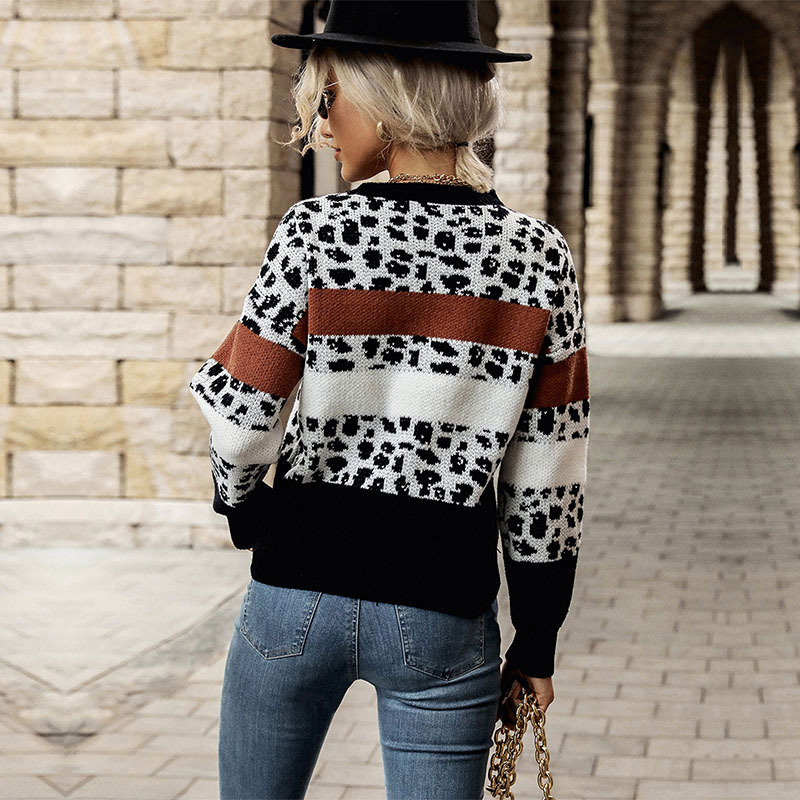 European style leopard jacquard sweater for women