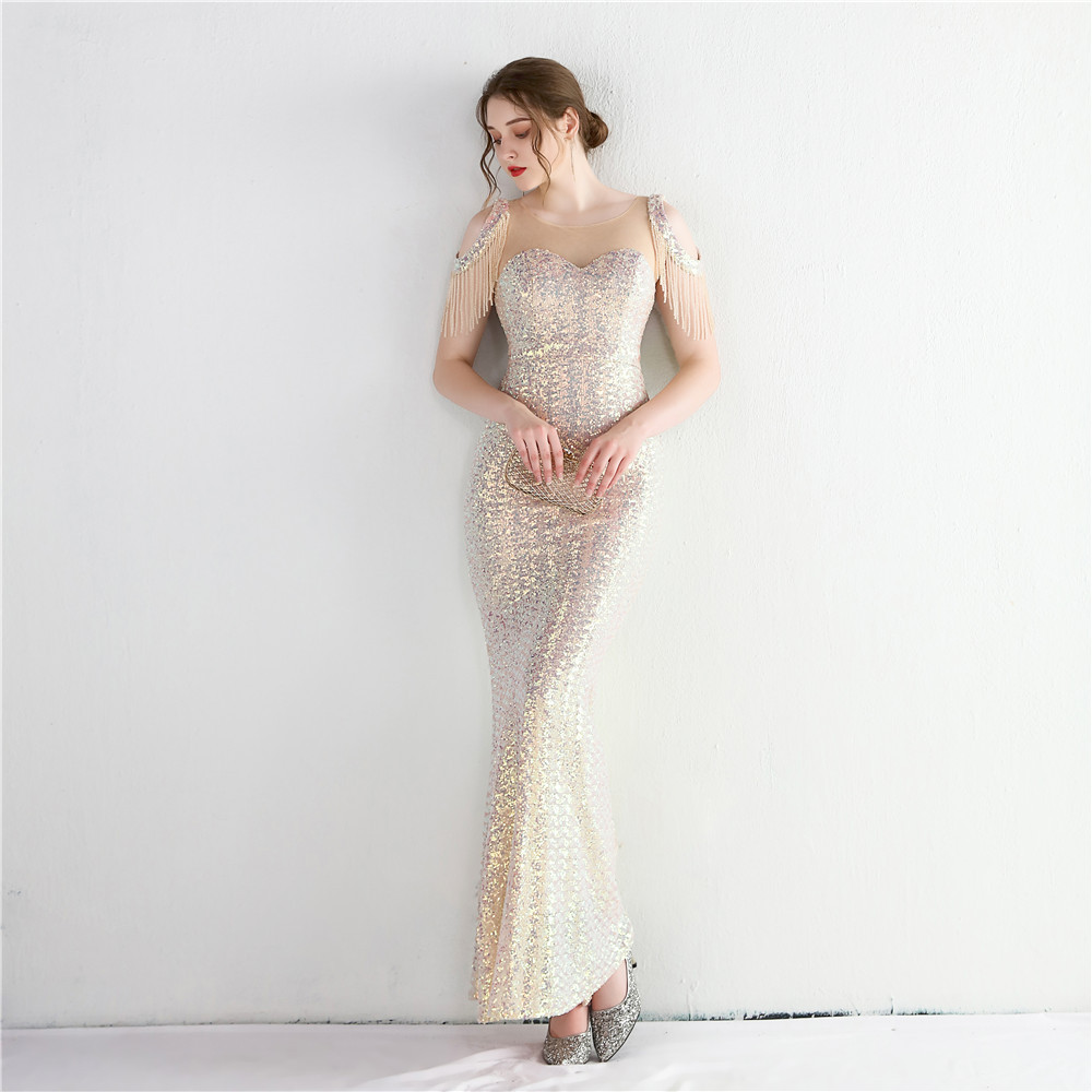Short sleeve wrapped chest dress sequins mermaid evening dress