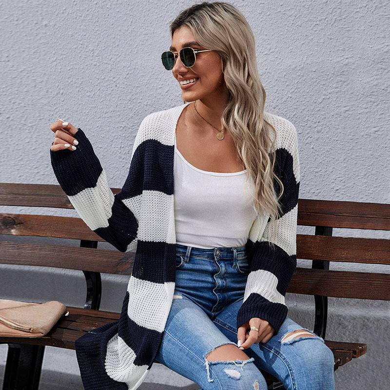 Autumn and winter long sleeve sweater stripe coat for women