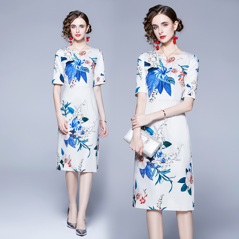 Printing elegant round neck short sleeve dress for women