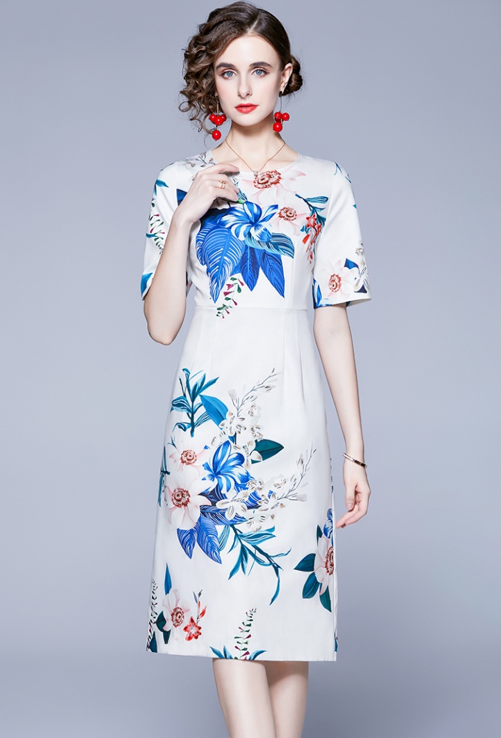 Printing elegant round neck short sleeve dress for women