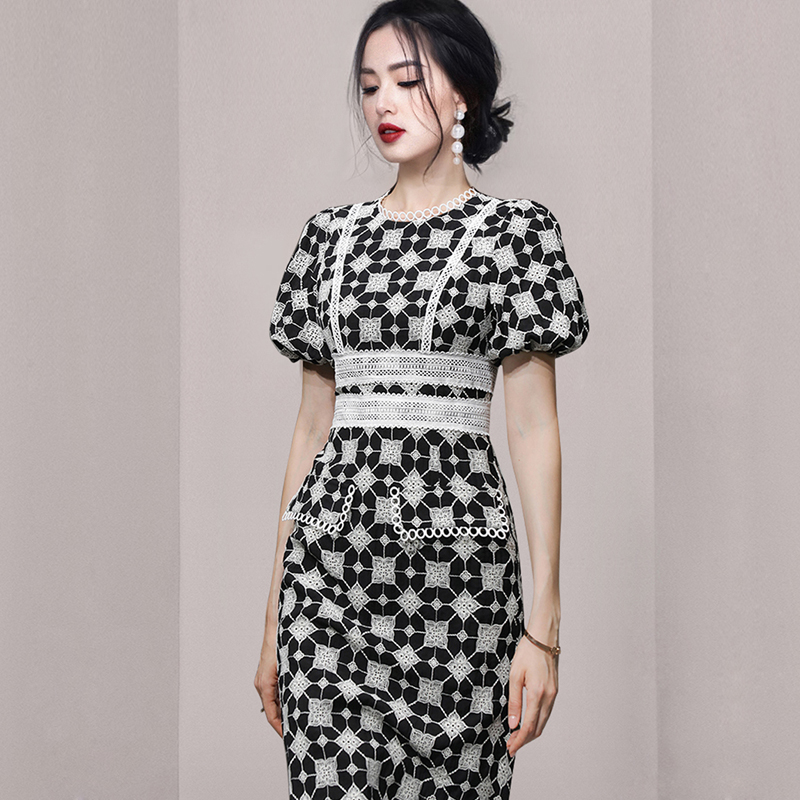 Embroidered lace pinched waist elegant lantern sleeve dress