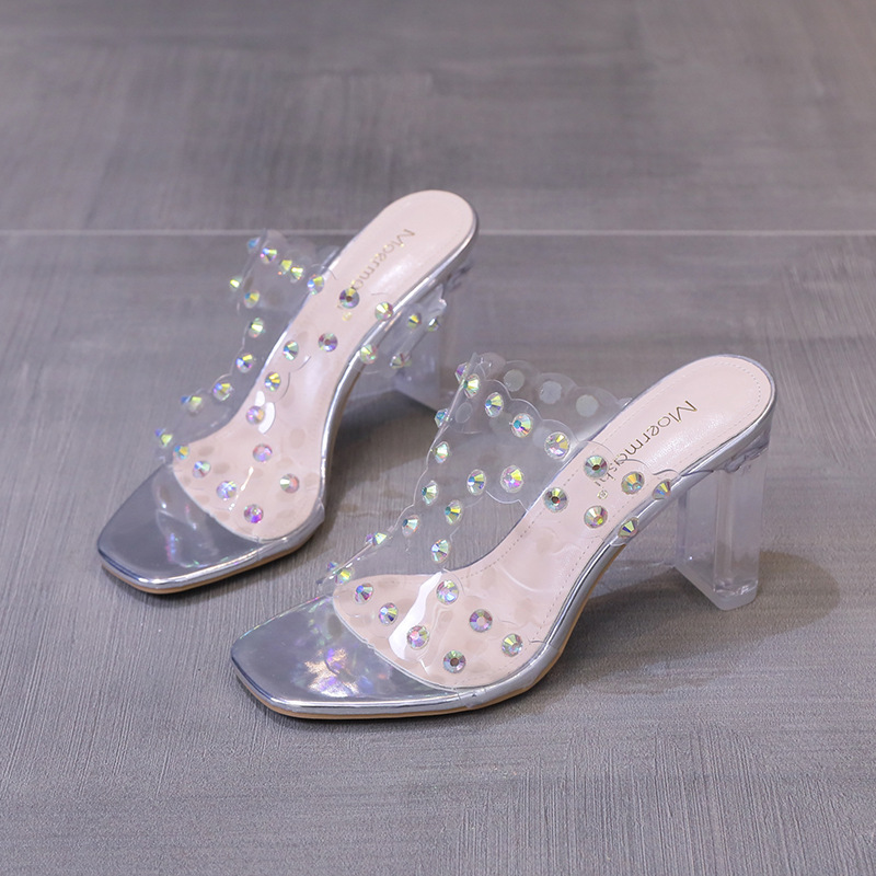 Crystal high-heeled square head slippers for women