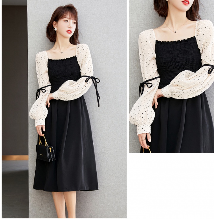 Autumn lady square collar thin long sleeve dress