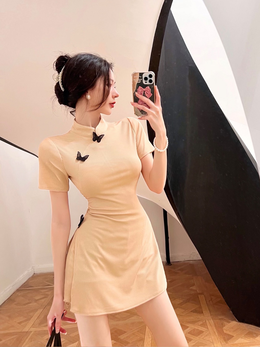 Summer split cheongsam playful pinched waist dress a set