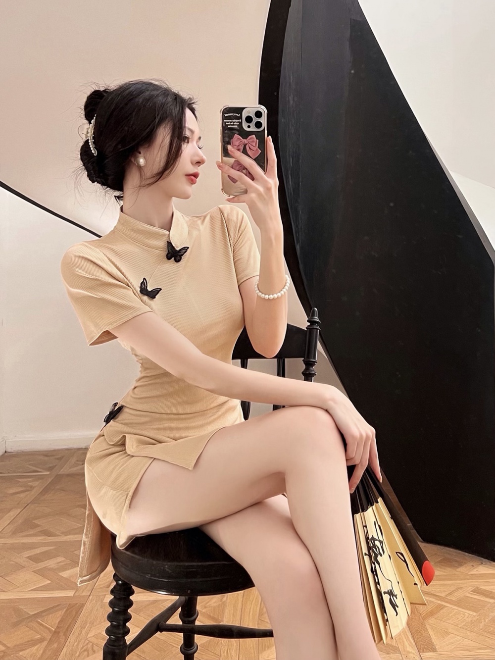 Summer split cheongsam playful pinched waist dress a set