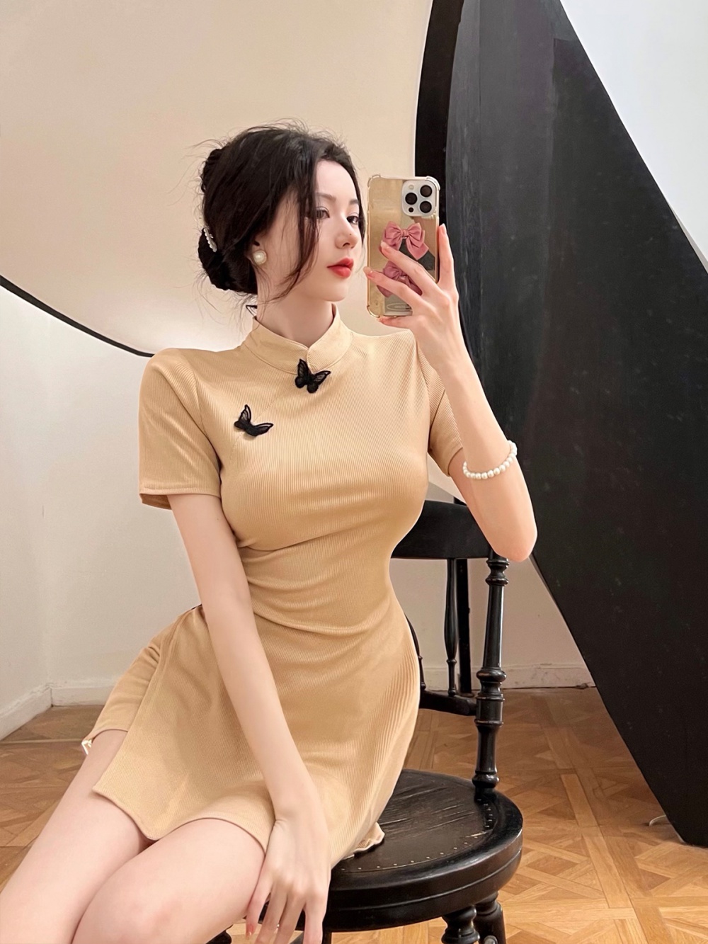 Summer split cheongsam playful pinched waist dress a set