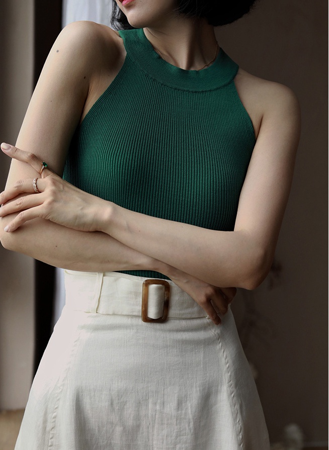 Green halter sling tops France style retro vest for women