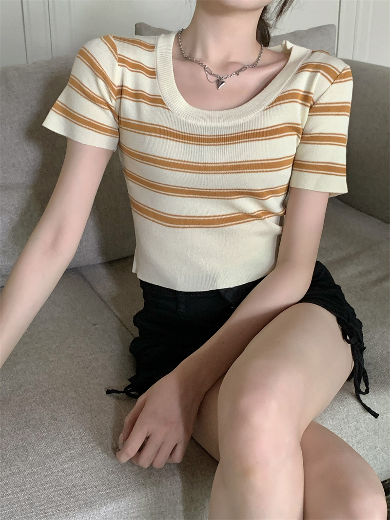 Korean style stripe sweater slim round neck tops for women