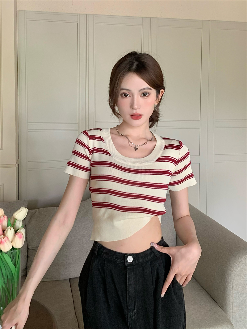 Korean style stripe sweater slim round neck tops for women