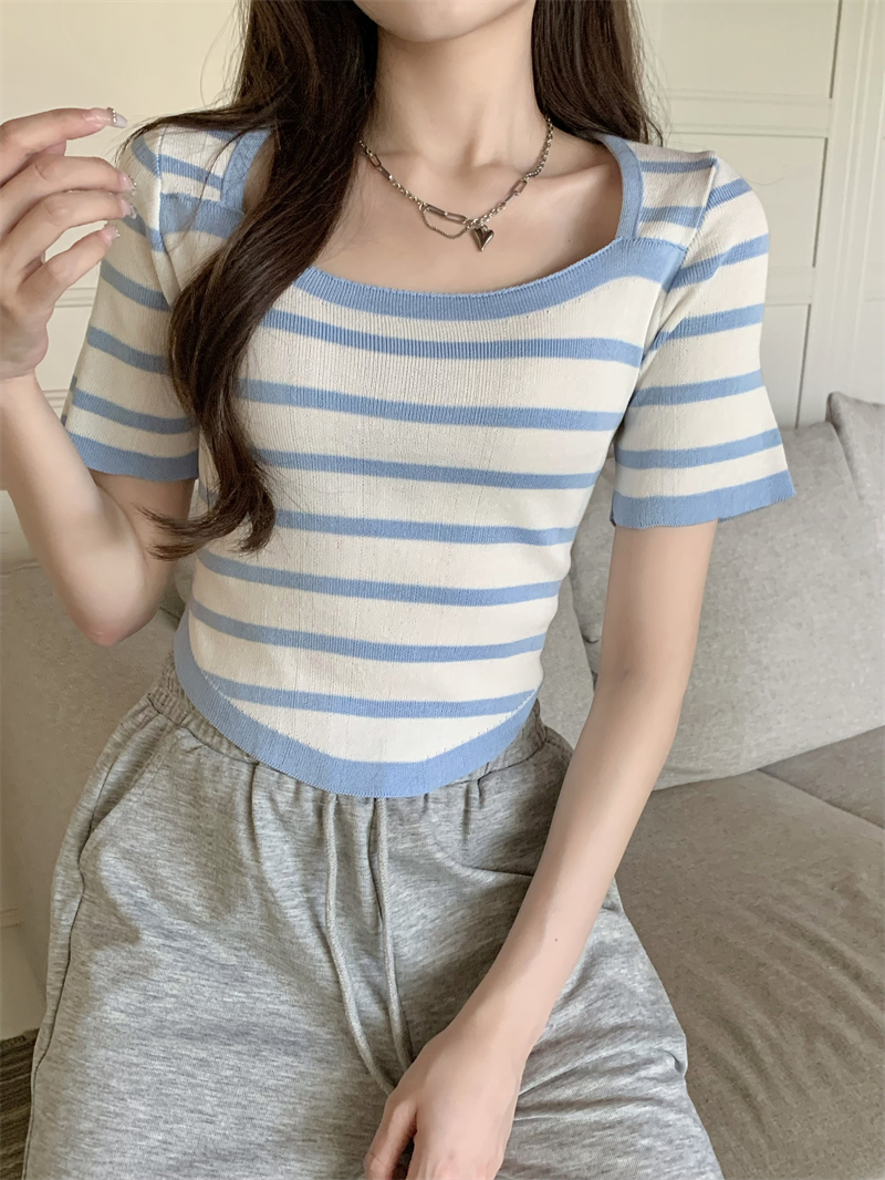 Retro square collar summer knitted slim tops for women