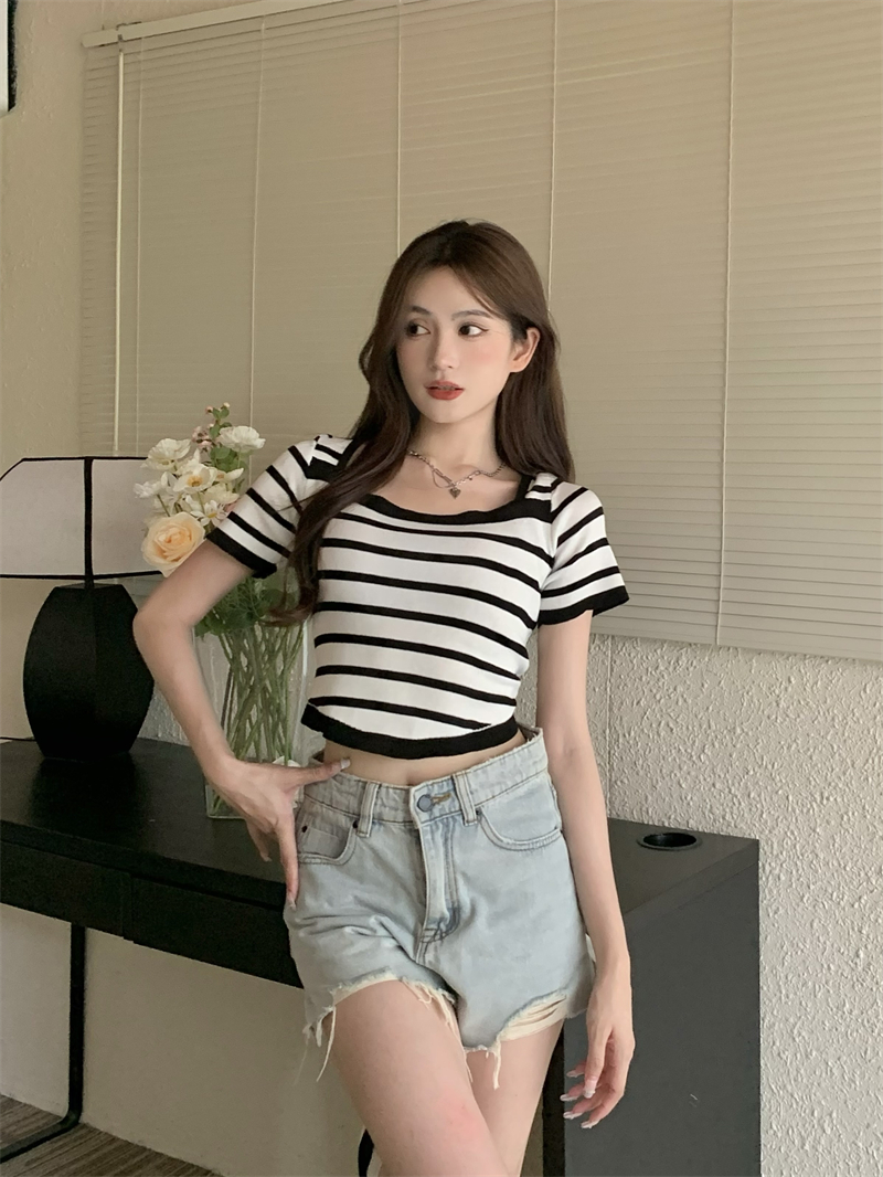 Retro square collar summer knitted slim tops for women