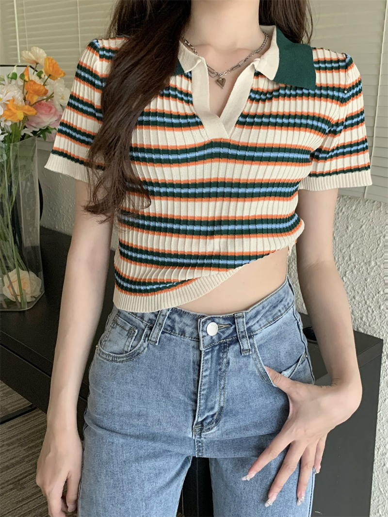 Short slim summer stripe knitted all-match tops