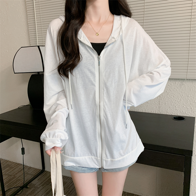 Hooded Korean style coat zip loose sun shirt